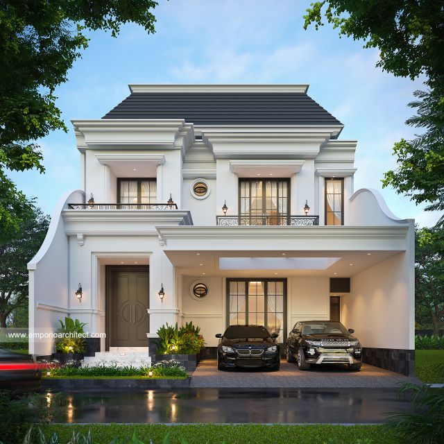 Desain Tampak Depan Rumah Klasik 2 Lantai Bapak TFK di Yogyakarta