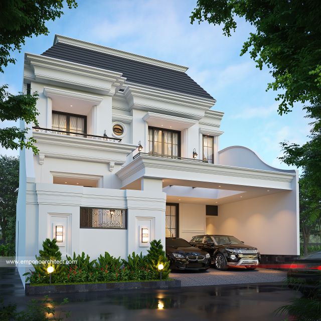 Desain Tampak Depan Dengan Pagar Rumah Klasik 2 Lantai Bapak TFK di Yogyakarta