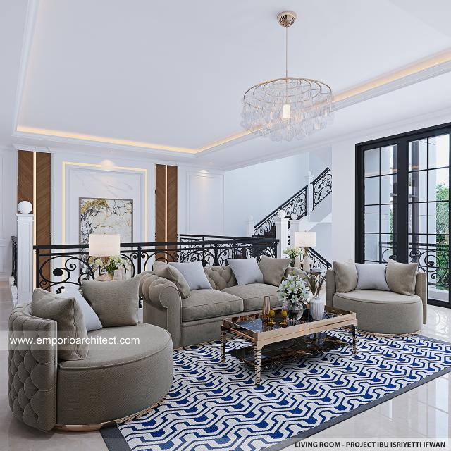Desain Ruang Keluarga Rumah Mediteran Klasik 2.5 Lantai Ibu IYT di Bukittinggi