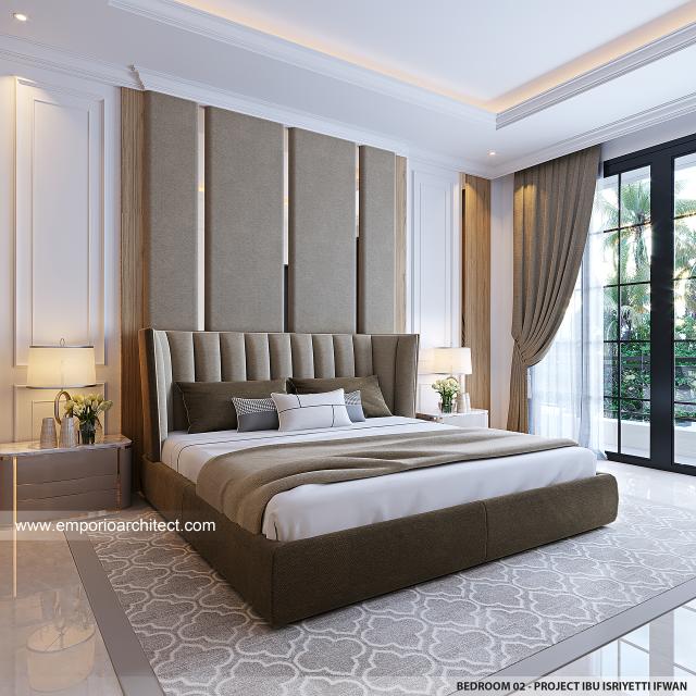 Desain Kamar Tidur 2 Rumah Mediteran Klasik 2.5 Lantai Ibu IYT di Bukittinggi