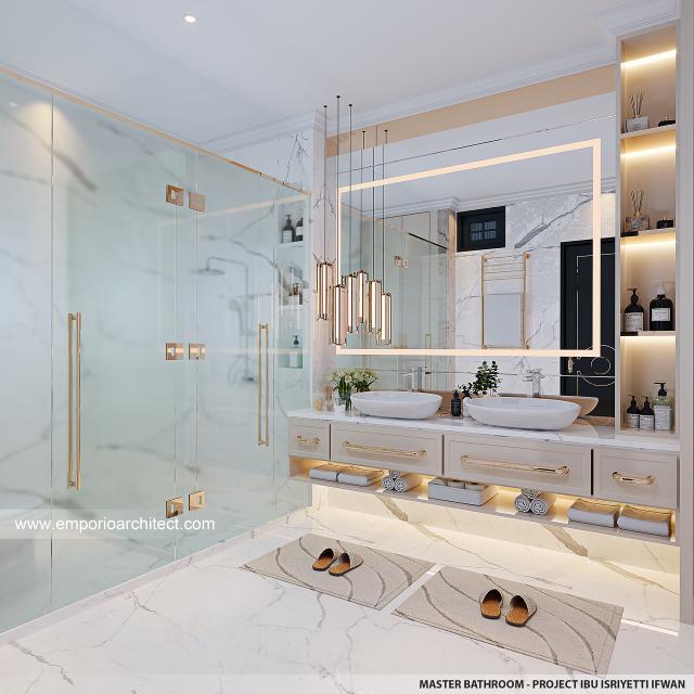 Desain Kamar Mandi Utama Rumah Mediteran Klasik 2.5 Lantai Ibu IYT di Bukittinggi
