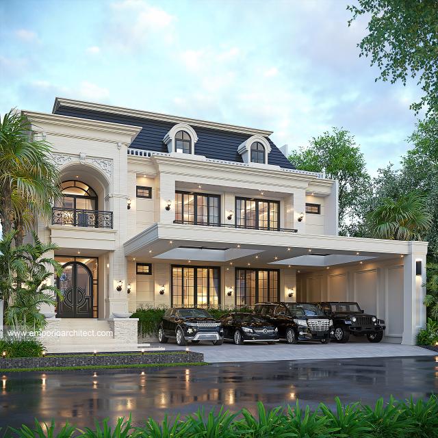 Desain Tampak Depan 2 Rumah Mediteran Klasik 2.5 Lantai Ibu IYT di Bukittinggi