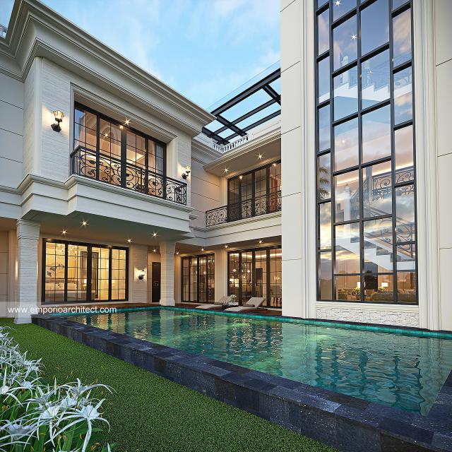 Desain Tampak Detail Belakang Rumah Mediteran Klasik 2.5 Lantai Ibu IYT di Bukittinggi
