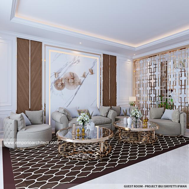 Desain Ruang Tamu Rumah Mediteran Klasik 2.5 Lantai Ibu IYT di Bukittinggi