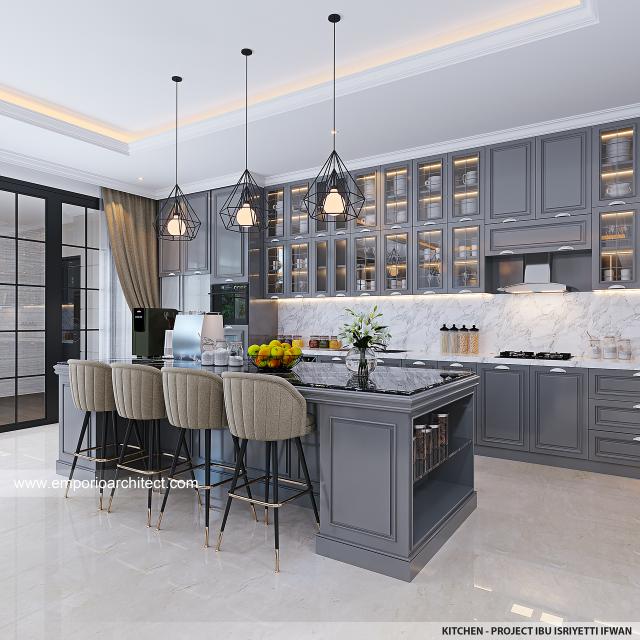 Desain Dapur Rumah Mediteran Klasik 2.5 Lantai Ibu IYT di Bukittinggi