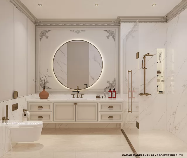 Desain Kamar Mandi Anak 1 Rumah Klasik 2.5 Lantai Ibu ELN di Palembang