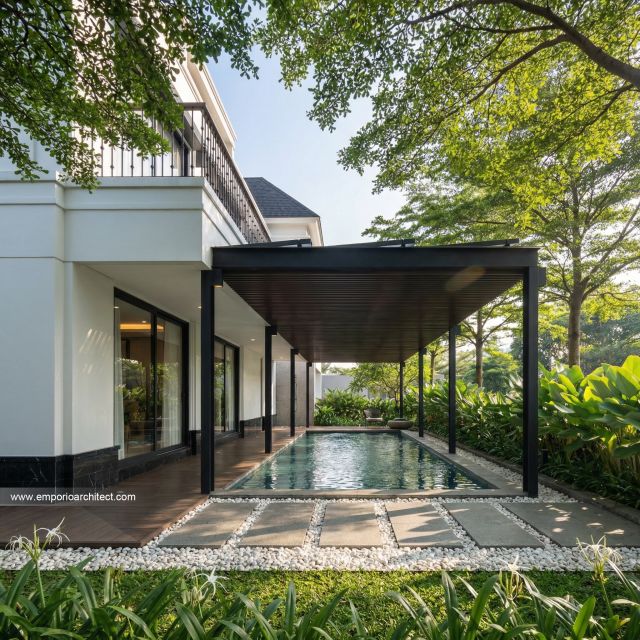 Desain Tampak Detail Kolam Rumah Klasik 3 Lantai Bapak E di Pasuruan, Jawa Timur