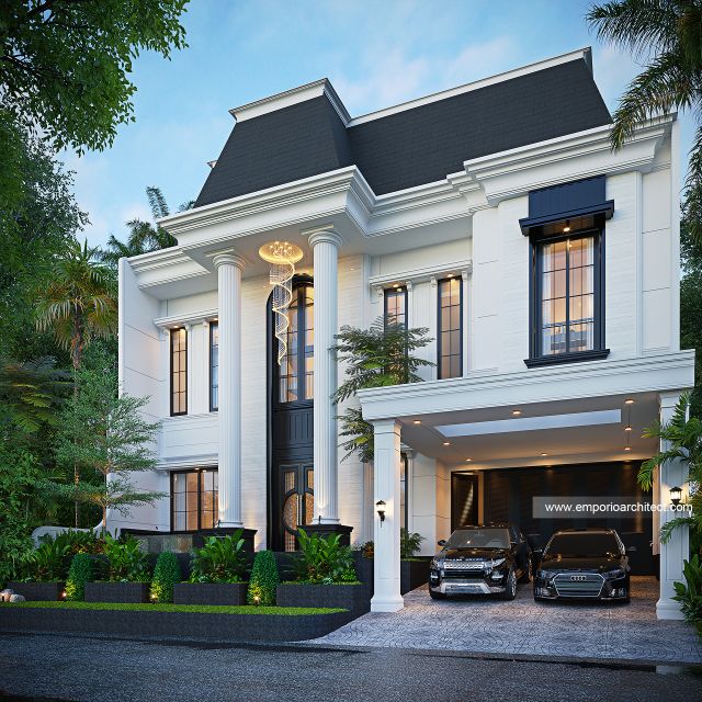 Desain Tampak Depan 2 Rumah Klasik 3 Lantai Ibu YBL di Jagakarsa, Jakarta Selatan