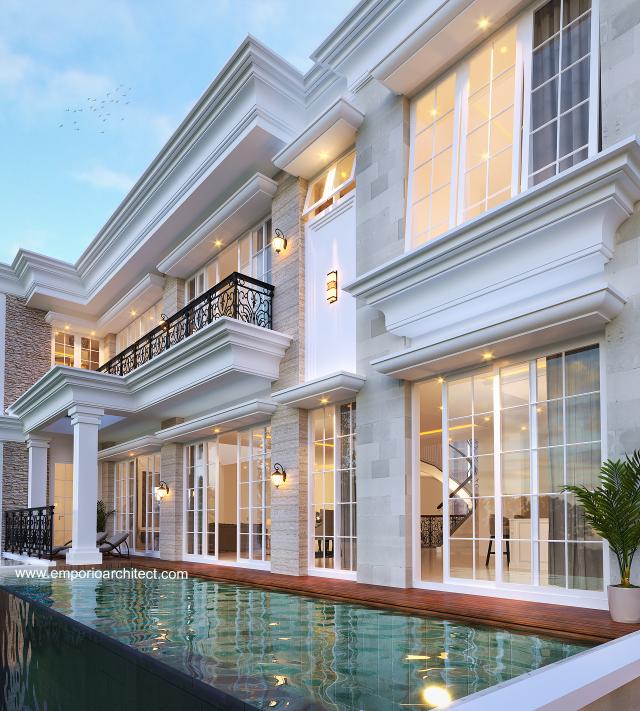 Desain Area Kolam Rumah Klasik 3 Lantai Ibu SLV di BSD, Tangerang Selatan, Banten