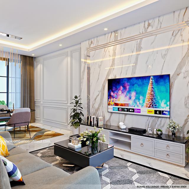 Desain Ruang Keluarga Rumah Grand Marina Klasik 3 Lantai Bapak AD Type 10x15 di Makassar