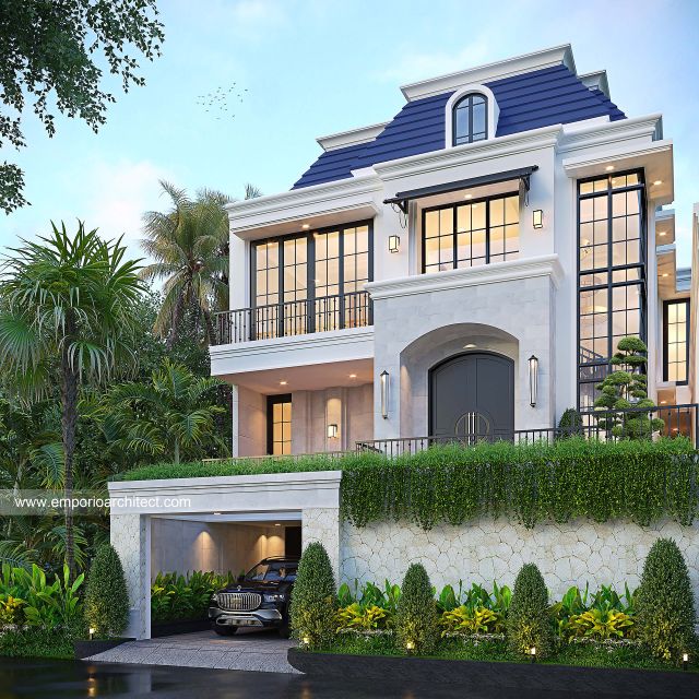 Desain Tampak Depan 2 Rumah Mediteran Klasik 3 Lantai Ibu VT di Surabaya