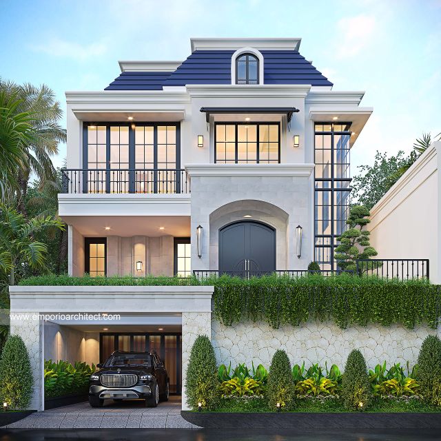 Desain Tampak Depan 3 Rumah Mediteran Klasik 3 Lantai Ibu VT di Surabaya
