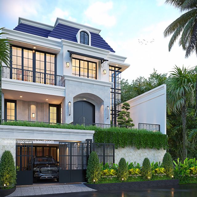 Desain Tampak Depan Dengan Pagar Rumah Mediteran Klasik 3 Lantai Ibu VT di Surabaya
