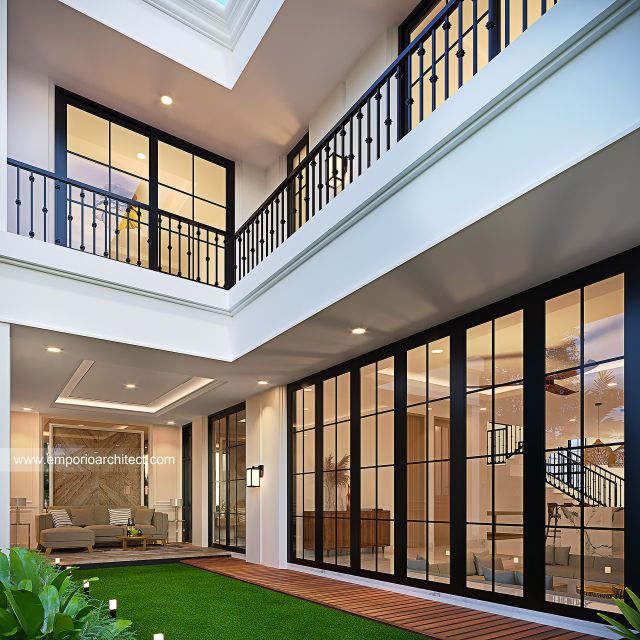 Desain Tampak Detail Belakang Rumah Mediteran Klasik 3 Lantai Ibu VT di Surabaya