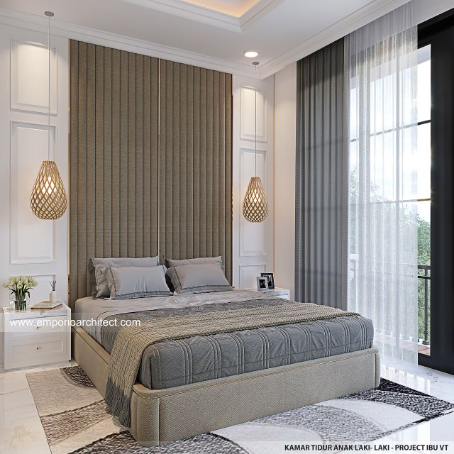 Desain Kamar Tidur Anak Laki-laki Rumah Mediteran Klasik 3 Lantai Ibu VT di Surabaya