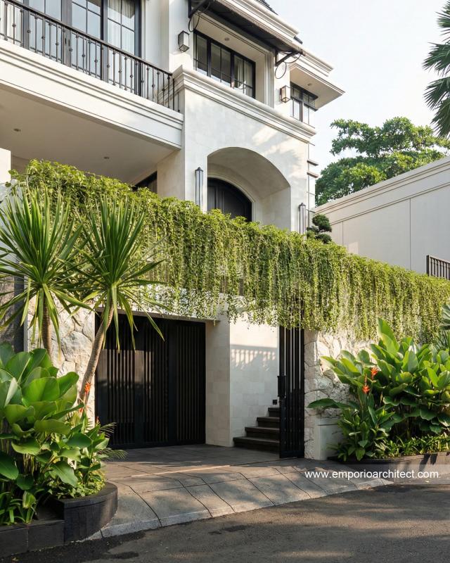 Desain Tampak Detail Depan Rumah Mediteran Klasik 3 Lantai Ibu VT di Surabaya