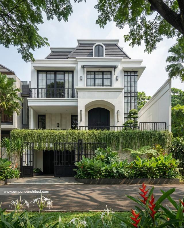 Desain Tampak Depan 2 Rumah Mediteran Klasik 3 Lantai Ibu VT di Surabaya