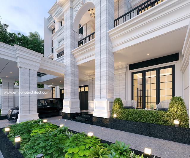 Desain Tampak Detail Depan Rumah Klasik 3 Lantai Bapak AE di PIK, Jakarta Utara