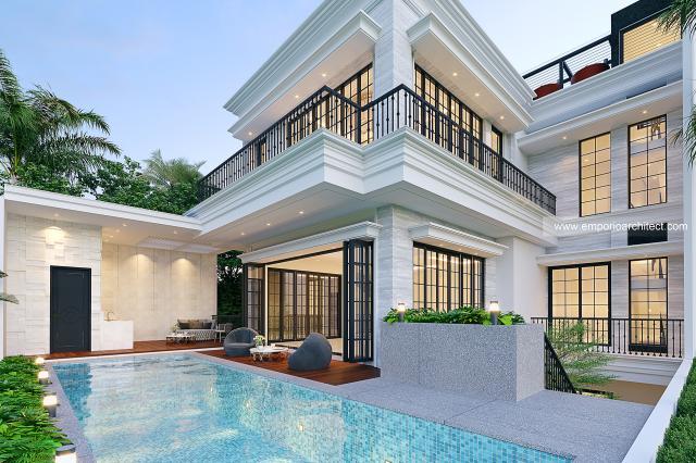 Desain Tampak Detail Belakang Rumah Klasik 3 Lantai Bapak AE di PIK, Jakarta Utara
