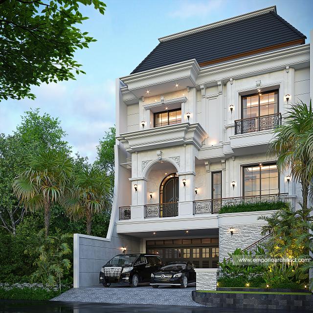 Desain Tampak Depan 2 Rumah Mediteran Klasik 3 Lantai Bapak RBB di PIK, Jakarta Utara