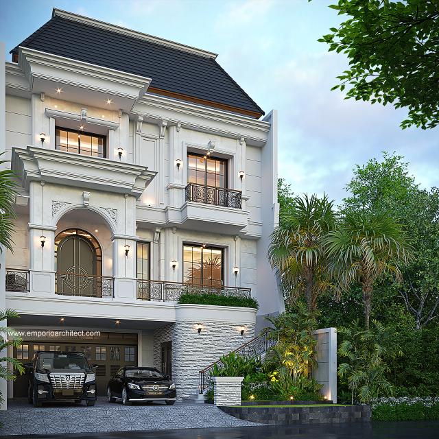 Desain Tampak Depan 3 Rumah Mediteran Klasik 3 Lantai Bapak RBB di PIK, Jakarta Utara