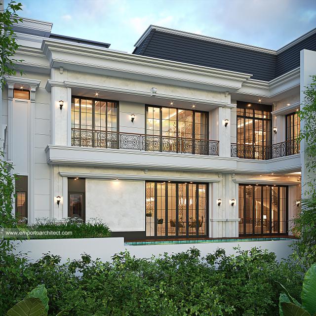 Desain Tampak Belakang Rumah Mediteran Klasik 3 Lantai Bapak RBB di PIK, Jakarta Utara
