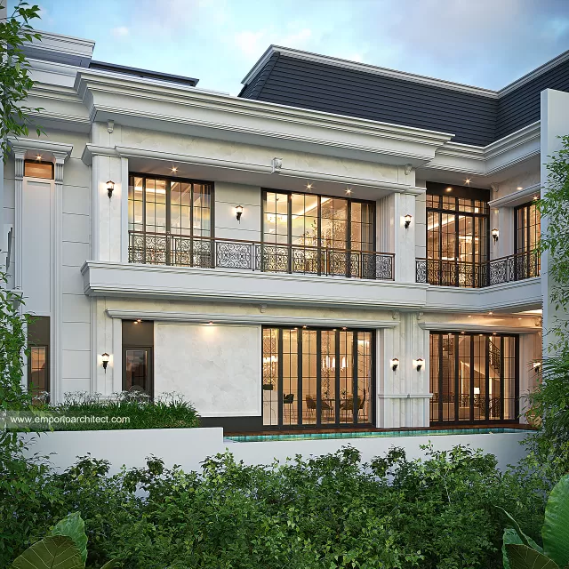 Desain Tampak Belakang Rumah Mediteran Klasik 3 Lantai Bapak RBB di PIK, Jakarta Utara