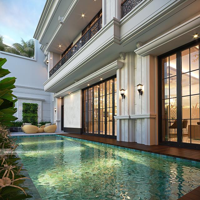Desain Tampak Detail Belakang Rumah Mediteran Klasik 3 Lantai Bapak RBB di PIK, Jakarta Utara