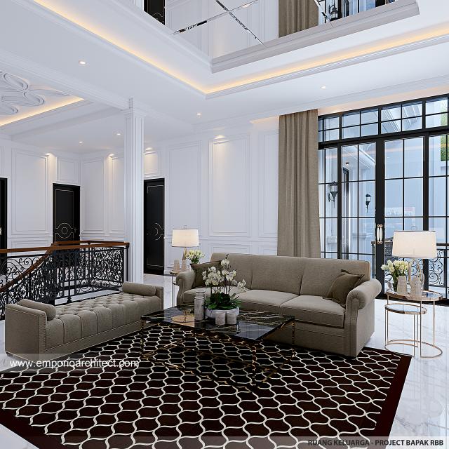 Desain Ruang Keluarga Rumah Mediteran Klasik 3 Lantai Bapak RBB di PIK, Jakarta Utara