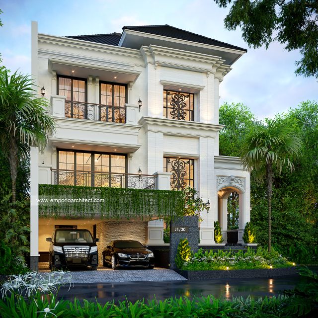 Desain Tampak Depan Rumah Klasik 3 Lantai Bapak APM di Jakarta Barat