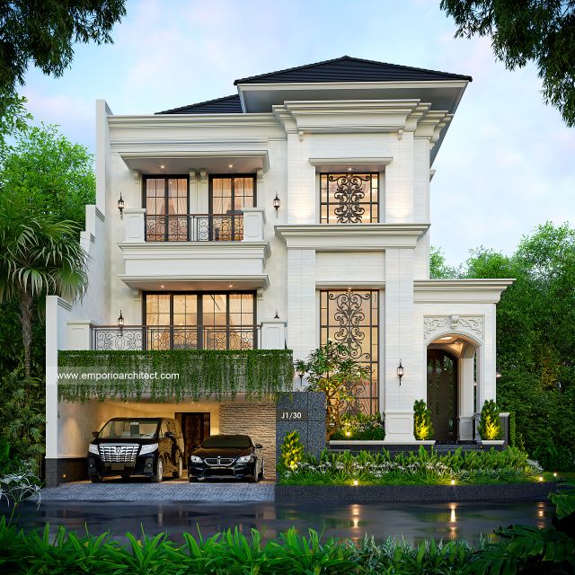 Desain Tampak Depan 2 Rumah Klasik 3 Lantai Bapak APM di Jakarta Barat