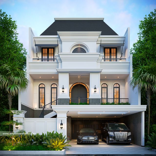 Desain Tampak Depan Rumah Klasik 3 Lantai Bapak RN di Jakarta Barat