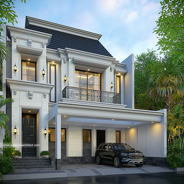 Desain Tampak Depan Rumah Klasik 3 Lantai Bapak RZI di Jakarta Barat