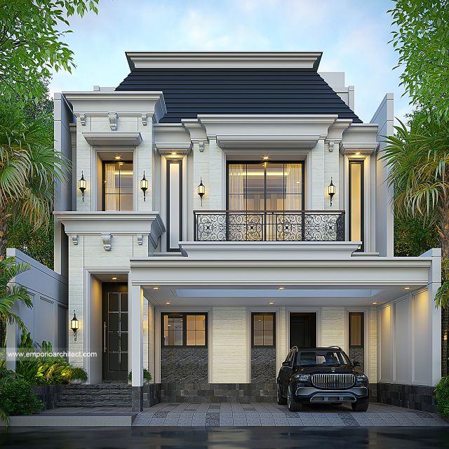 Desain Tampak Depan 2 Rumah Klasik 3 Lantai Bapak RZI di Jakarta Barat