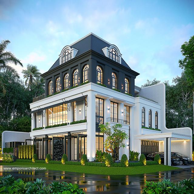 Desain Tampak Hook Rumah Mediteran Klasik 3 Lantai Bapak KLL di Jakarta