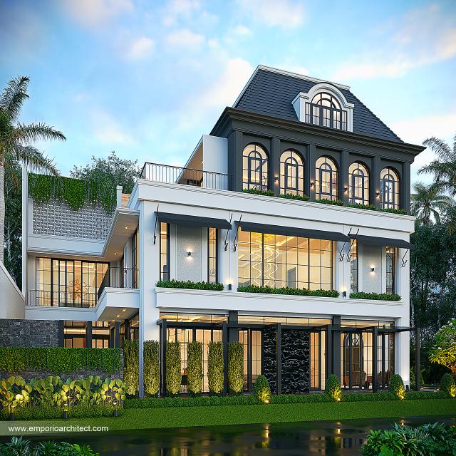 Desain Tampak Samping Rumah Mediteran Klasik 3 Lantai Bapak KLL di Jakarta