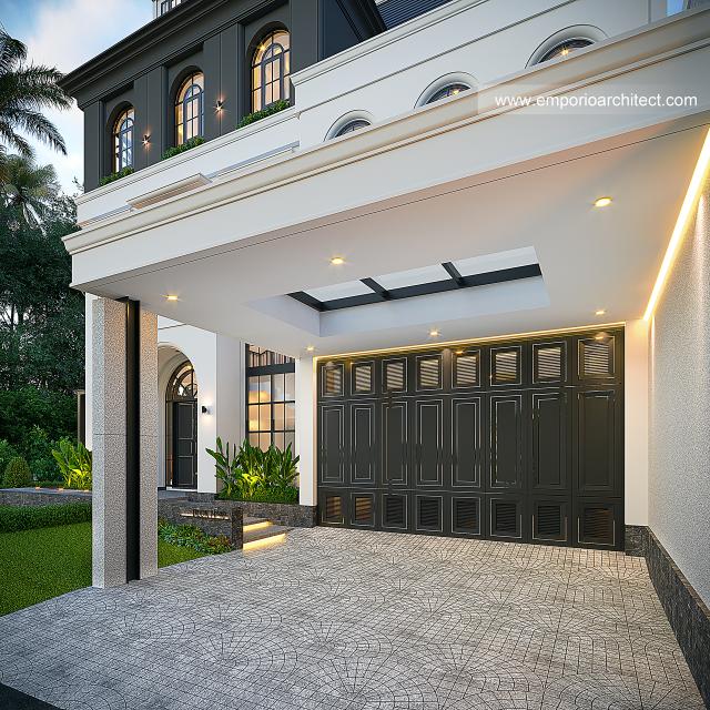 Desain Tampak Detail Depan Rumah Mediteran Klasik 3 Lantai Bapak KLL di Jakarta