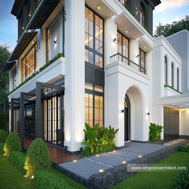 Desain Tampak Detail Hook Rumah Mediteran Klasik 3 Lantai Bapak KLL di Jakarta
