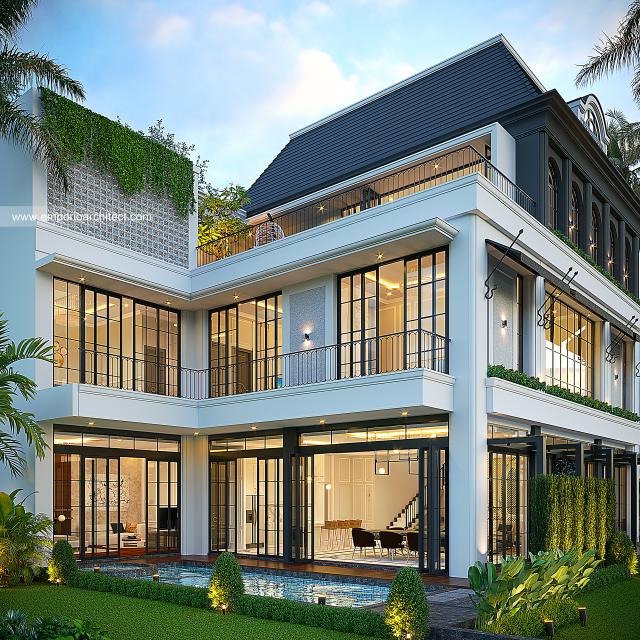 Desain Tampak Belakang Rumah Mediteran Klasik 3 Lantai Bapak KLL di Jakarta