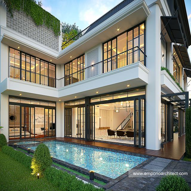 Desain Tampak Detail Belakang Rumah Mediteran Klasik 3 Lantai Bapak KLL di Jakarta