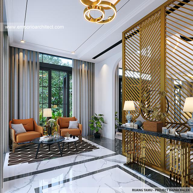 Desain Ruang Tamu Rumah Mediteran Klasik 3 Lantai Bapak KLL di Jakarta