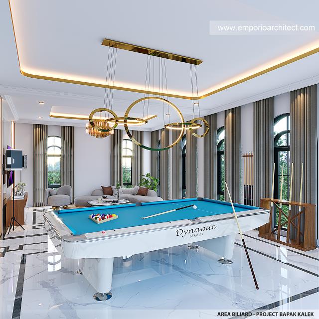 Desain Area Billiard Rumah Mediteran Klasik 3 Lantai Bapak KLL di Jakarta