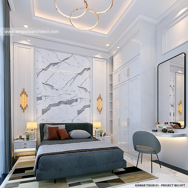 Desain Kamar Tidur 1 Rumah Mediteran Klasik 3 Lantai Ibu HYT di Bogor