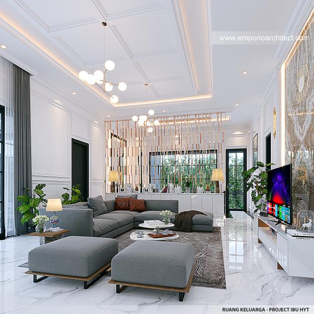 Desain Ruang Keluarga Rumah Mediteran Klasik 3 Lantai Ibu HYT di Bogor