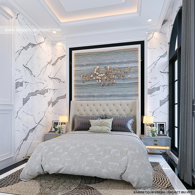 Desain Kamar Tidur Utama Rumah Mediteran Klasik 3 Lantai Ibu HYT di Bogor