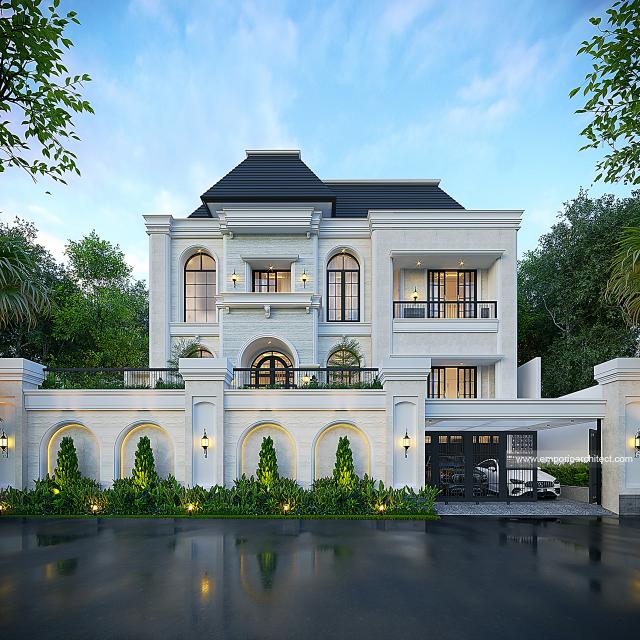 Desain Tampak Depan 3 Rumah Mediteran Klasik 3 Lantai Ibu HYT di Bogor