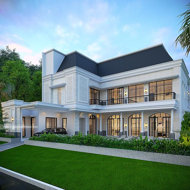 Desain Tampak Belakang Rumah Mediteran Klasik 3 Lantai Ibu HYT di Bogor