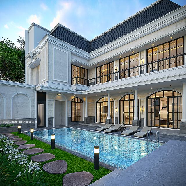 Desain Tampak Detail Belakang 2 Rumah Mediteran Klasik 3 Lantai Ibu HYT di Bogor