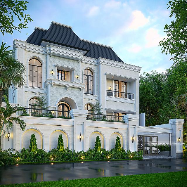 Desain Tampak Depan 2 Rumah Mediteran Klasik 3 Lantai Ibu HYT di Bogor