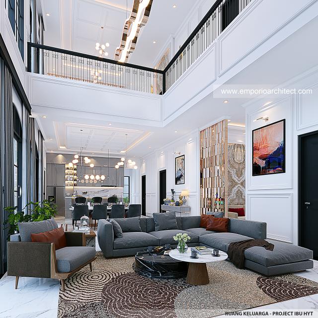 Desain Ruang Keluarga Rumah Mediteran Klasik 3 Lantai Ibu HYT di Bogor